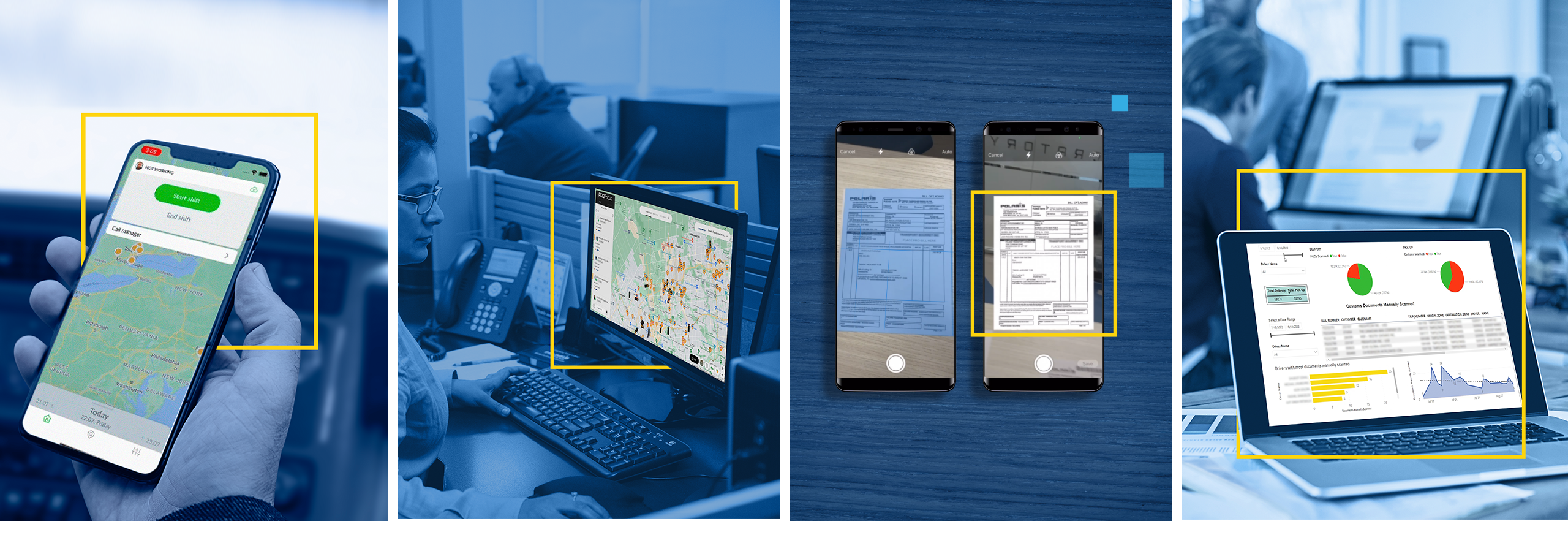 Series of four images showing FR8Focus features including app on driver�s mobile phone, woman viewing map of their fleet, mobile phone highlighting document scan capability and laptop showing analytical reportin
