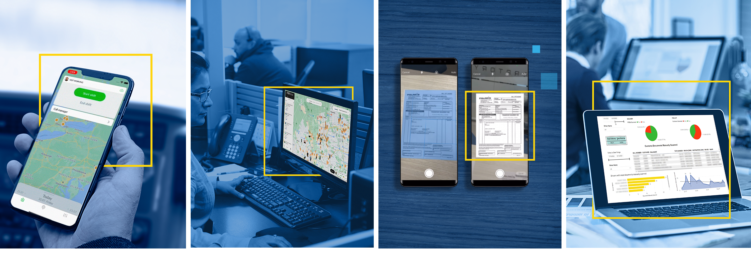 Series of four images showing FR8Focus features including app on drivers mobile phone, woman viewing map of their fleet, mobile phone highlighting document scan capability and laptop showing analytical reportin